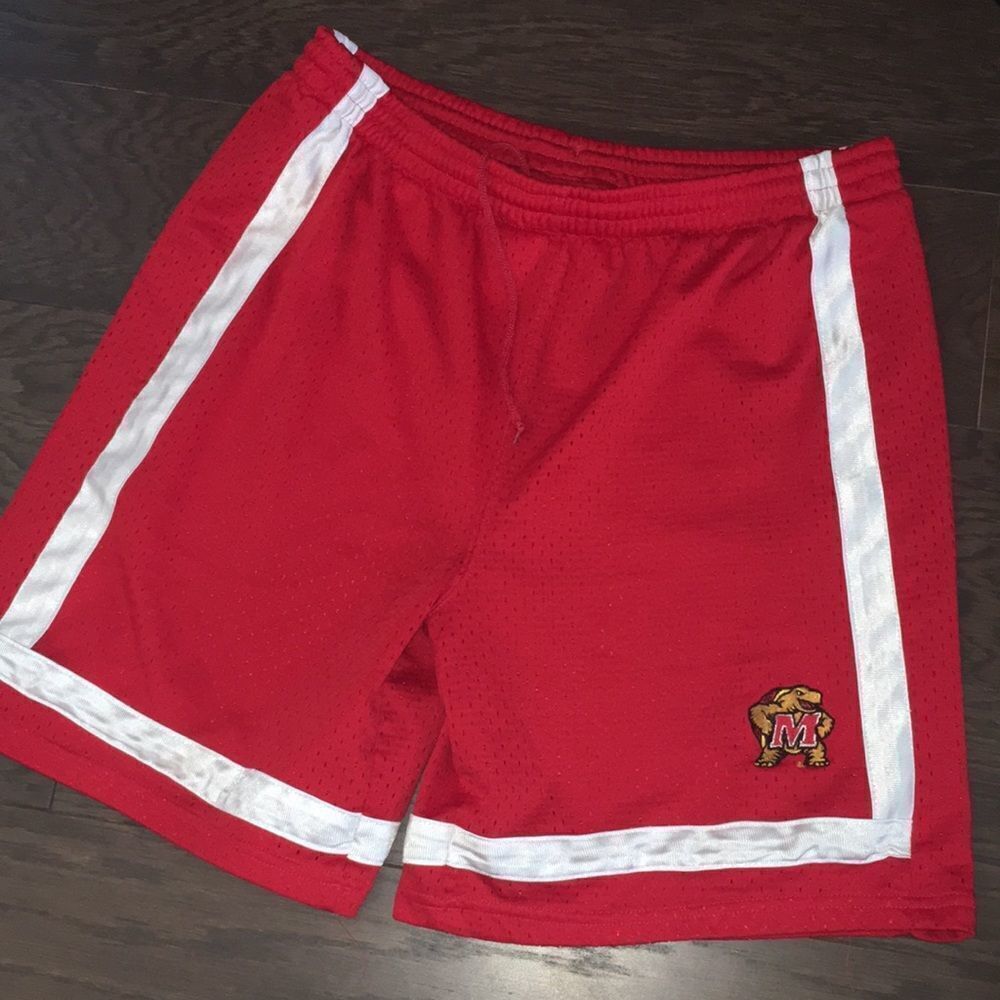 Sewn red vintage Maryland Terrapins NCAA Lined Basketball  team practice shorts